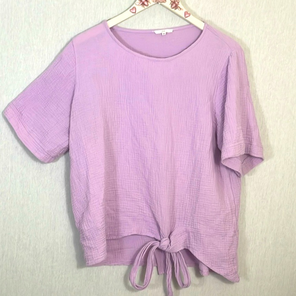 JOH Lavender Tie-Front Top cotton gauze short sleeve top
